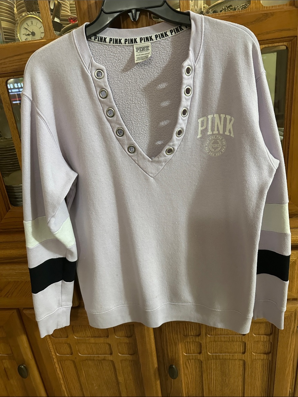 PINK Victoria's Secret Lavender V-Neck Grommet Pullover with Stripes